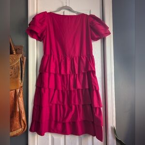 Vintage Red Tiered Midi Dress Puffy Sleeves